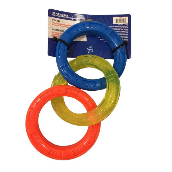NERF DOG Tuff Tug 3 Ring Dog Pull Toy Yellow Orange Blue 4 1/2" Rings - Picture 3 of 3